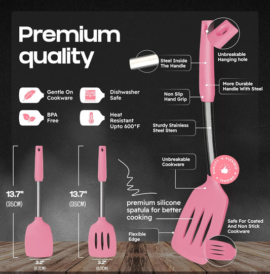 BakeRoyal Silicone Spatula Set - Turner Spatulas Silicone Heat Resistant 600°F - Slotted & Solid Spatula for Cooking Fish, Eggs, Pancakes Flipper – Spatulas for kitchen use – Pink