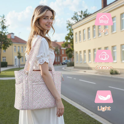 WOBAGMEN Quilted Tote Bag for Women, Floral Quilted Tote Bag with Zipper, Cute Shoulder Bag for Work, Travel, Gym