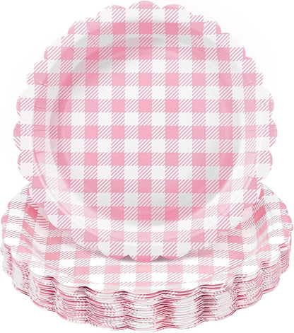 NatNarr 60Pcs Pink Gingham Placemats and 30Pcs Pink Gingham Plates