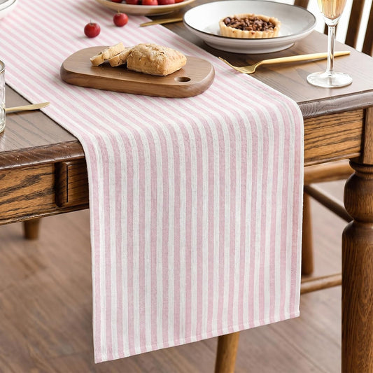 Breling Pink and White Striped Table Runner Cotton Linen Farmhouse Table Runner for Dining Kitchen Coffee Centerpiece Rustic Home Summer Coastal Birthday Wedding Party Decor (14 x 60 Inch)