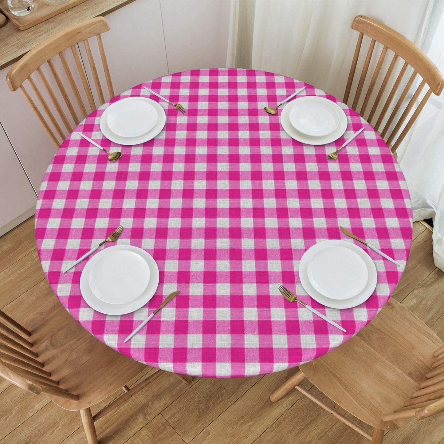 Preppy Pink and White Check Pattern Square Round Tablecloth Fitted Table Cover Washable Tablecloths for Kitchen Dining Party 40-44 Inch