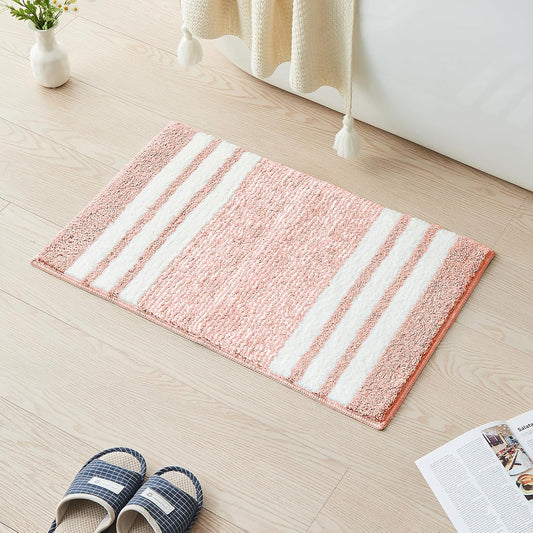 CozeCube Bath mats for Bathroom Non Slip, Fluffy Absorbent Microfiber Bath mat Washable, Aesthetic Bathroom Rugs, Small Blossom Pink Striped Bath mat, Blossom Pink, 24" x 16"