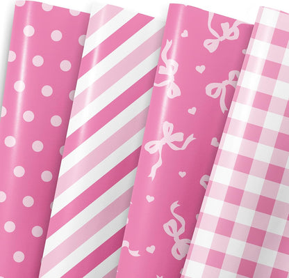 MotiGiftie Pink Wrapping Paper Sheet - 8 Sheets Folded Flat Gift Wrap with Cute Bow, Pink Plaid, Stripes and Polka Dot, Gift Paper for Girl Baby Shower, Birthday, Wedding - 20 X 28 Inch Per Sheet