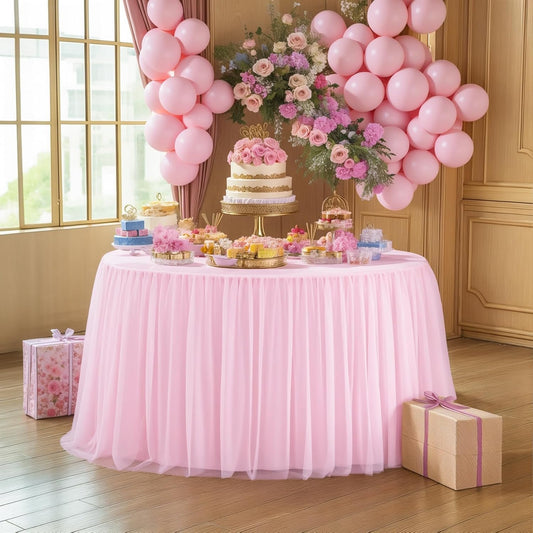 HB HBB MAGIC Light Pink Round Tablecloth 48 inch Stretchy Elastic Fitted Round Table Cloth Cover, Pink Table Cloths for Parties Tulle Table Cloth with Skirt Wedding Bridal Shower Tables Decoration