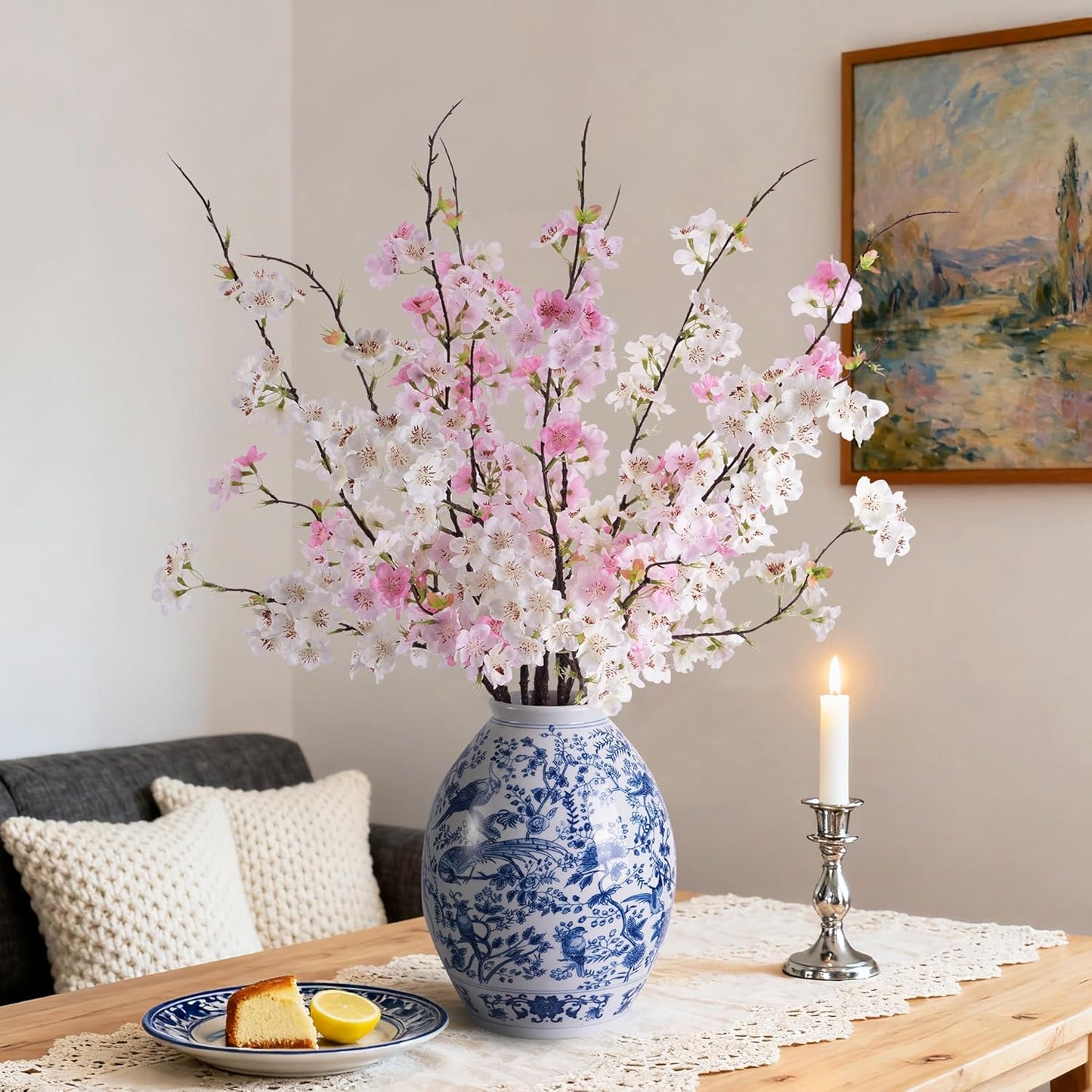 Artificial Cherry Blossom Branches 27.6In Silk Cherry Blossom Branches Long Stem Artificial Flowers for Tall Vase, for Home Decor, Weddings Decor, Parties & Festival Gifts 8PCS ，Pinkish White