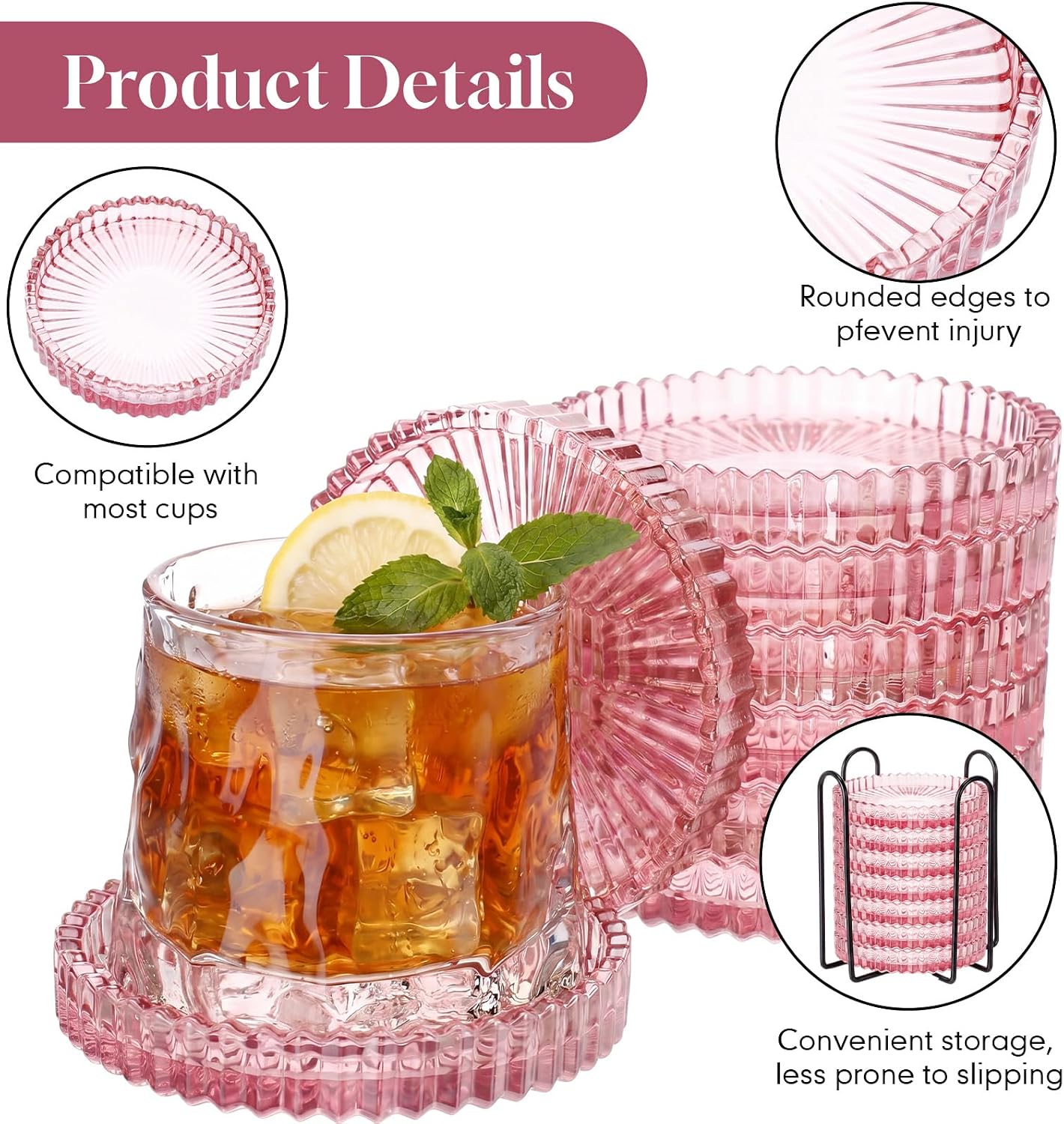 Remerry 8 Pcs Clear Coaster Set with Holder Glass Coasters for Drinks 4 Inch Drinks Crystal Round Cup Coasters Glass Candle Holder for Table Bar Kitchen Restaurant (Pink)