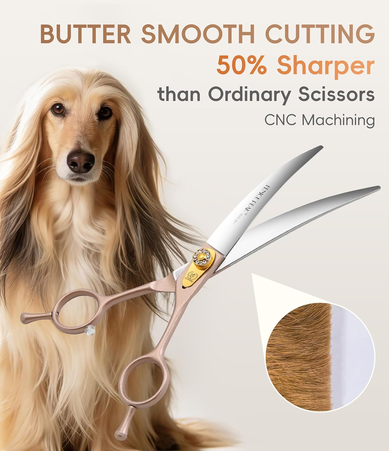 45° Extra Curved Dog Grooming Scissors 440C Stainless Steel 7.5'' Big Arc Curved Shears Rose Gold Sharp and Durable Trimming Scissors for Dogs and Cats