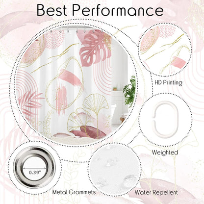 Light Pink and White Shower Curtain, Blush Pale Pink Gold Boho Mid Century Shower Curtains for Girls Bathroom Decor, Abstract Tropical Leaf Minimalist Waterproof Cloth Fabric with Hooks, 72x72inch