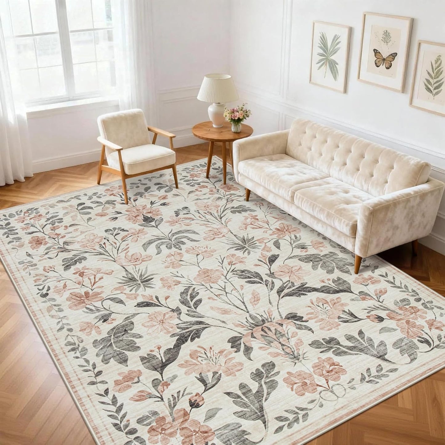 6x9 Area Rugs Washable Rug: Lagre Boho Living Room Rug Soft Non-Slip Thin Carpet Indoor Floor Non-Shedding Neutral Floral Carpets for Bedroom Dining Room Farmhouse Nursery Pink