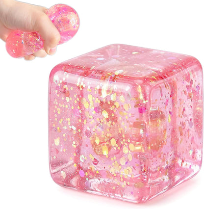Pink Glitter Cube Sugar Stress Ball Squishy Sensory Fidget Toy for Kids & Teens, Slow Rebound Cube Squishy, Portable Squeeze Fidget Toy for Anxiety, Party Favors, Birthday Gifts