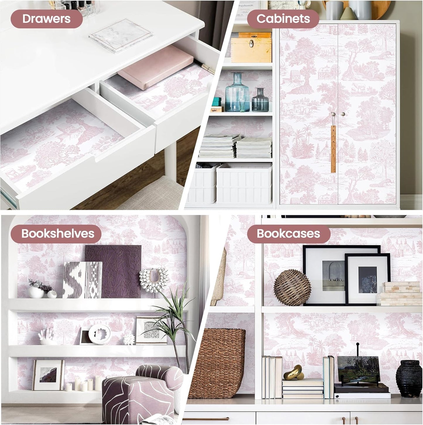 Pink Peel and Stick Wallpaper Toile Contact Paper Pink and White Wallpapers Boho Floral French Country Walls Covering Removable Self-Adhesive Vinyl Wrap for Bedroom Bathroom Cabinet 17.3" x 118"