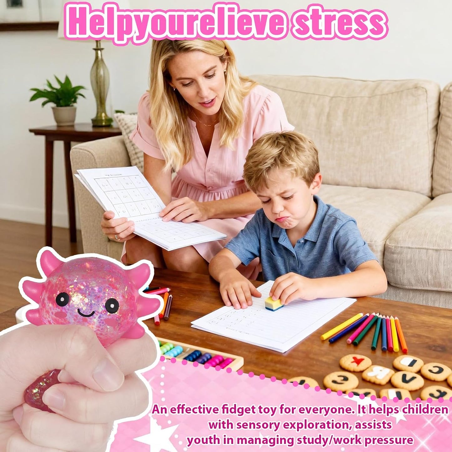 Axolotl Squishy Toy, Cute Slow Rising Fidget Toy for Stress Relief, Soft Squeeze Sensory Toy for Kids and Adults, Handheld Stress Ball for Anxiety and Focus Sitting Posture Axolotl(Pink)