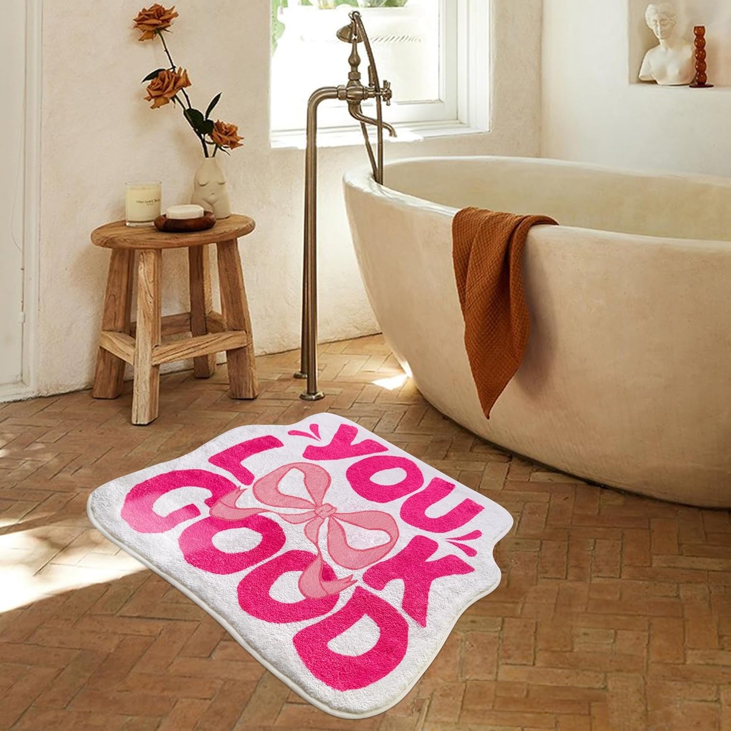 SHIYUE You Look Good Bath Mat Cute Bow Funny Bathroom Rug, Soft Absorbent Water Non Slip, Superior Washable Microfiber Cool Shower Preppy Decor Rug (21"x25"Pink)