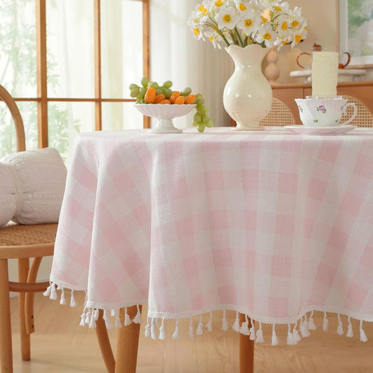 Gingham Round Tablecloth, Tassels Checkered Table Cloth Washable Cotton Linen Plaid Table Cover for Spring Summer Kitchen Dining Party,Pink and White,55x55