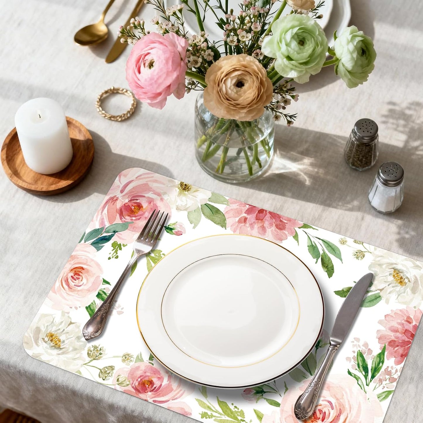 6 Pcs Pink Flower Plastic Placemats, 11x16 Inch Summer Pink White Floral Placemats Seasonal Flower Butterfly Washable Table Mats for Party Kitchen Dining Decoration