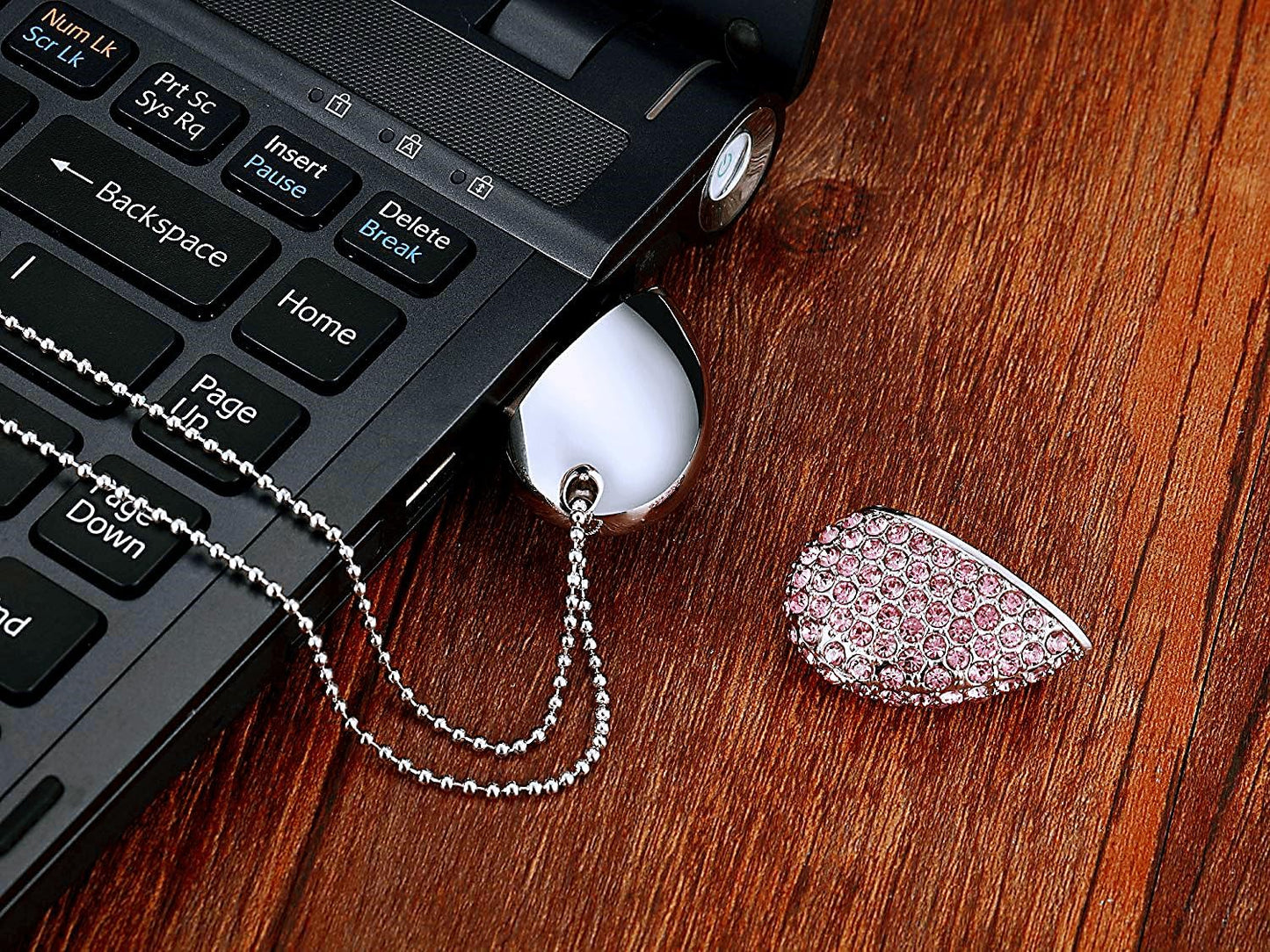 64GB USB 3.0 Flash Drive Diamond Heart with Necklace Memory Stick High Speed Data Storage Pink