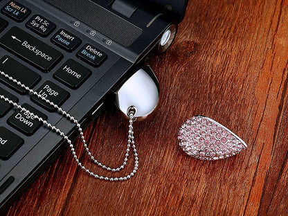 64GB USB 3.0 Flash Drive Diamond Heart with Necklace Memory Stick High Speed Data Storage Pink