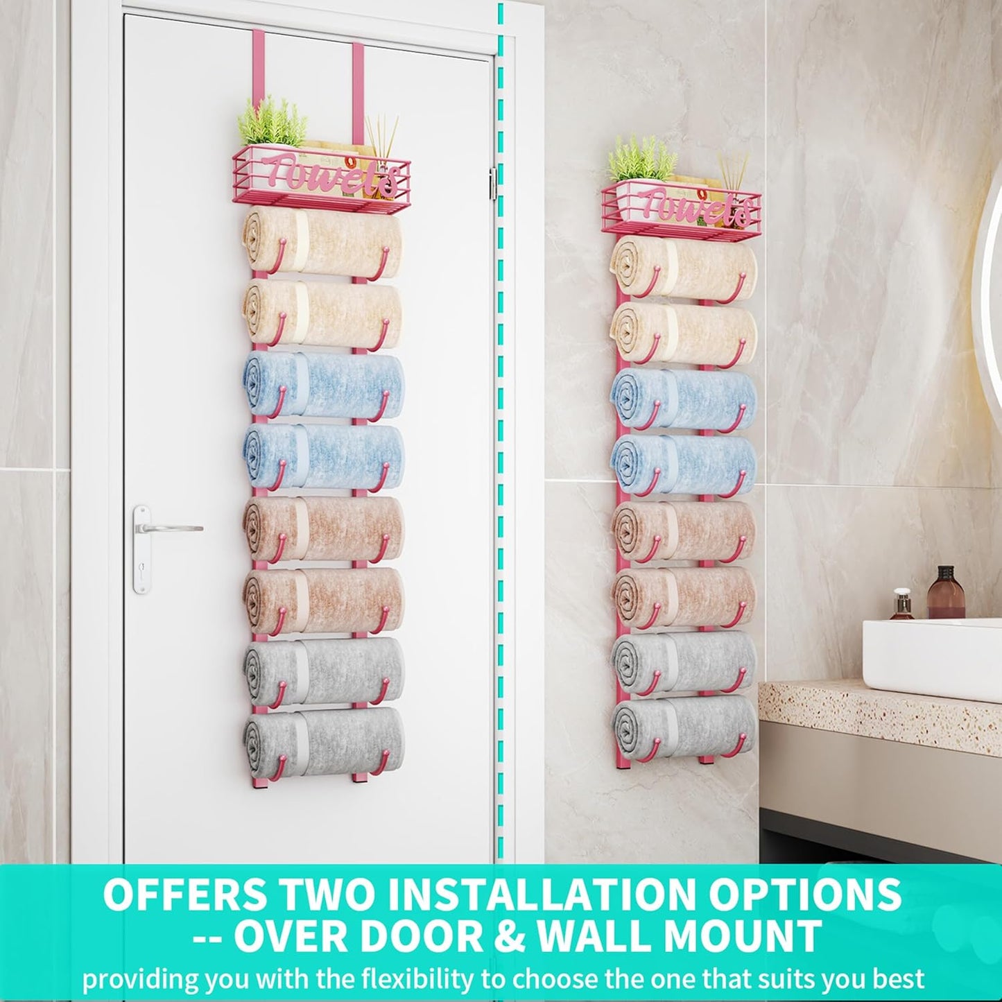HapiRm Towel Racks for Bathroom Storage - 9 Tier Over The Door & Wall Mount Rolled Towel Storage Organizer Holder with Metal Shelf Basket for Small Bathroom, Camper, Rv - Pink, Patented
