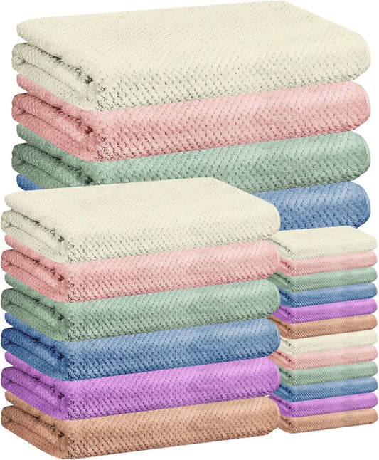 24 Pcs Towels Set 6 Bath Sheets 6 Washcloths and 12 Hand Towels, Reusable Absorbent Quick Dry Colorful Coral Velvet Towel for Shower Bath Spa Hotel Bathroom Supplies (Multicolor)