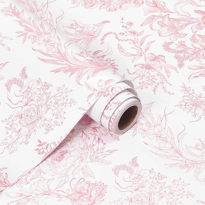 WERNNSAI Pink Floral Wrapping Paper - 1 Roll 17”x 33 ft Vintage Toile Flower Gift Wrap Baby Shower Wrapping Paper for Girls Women Birthday Wedding Bridal Shower Supplies