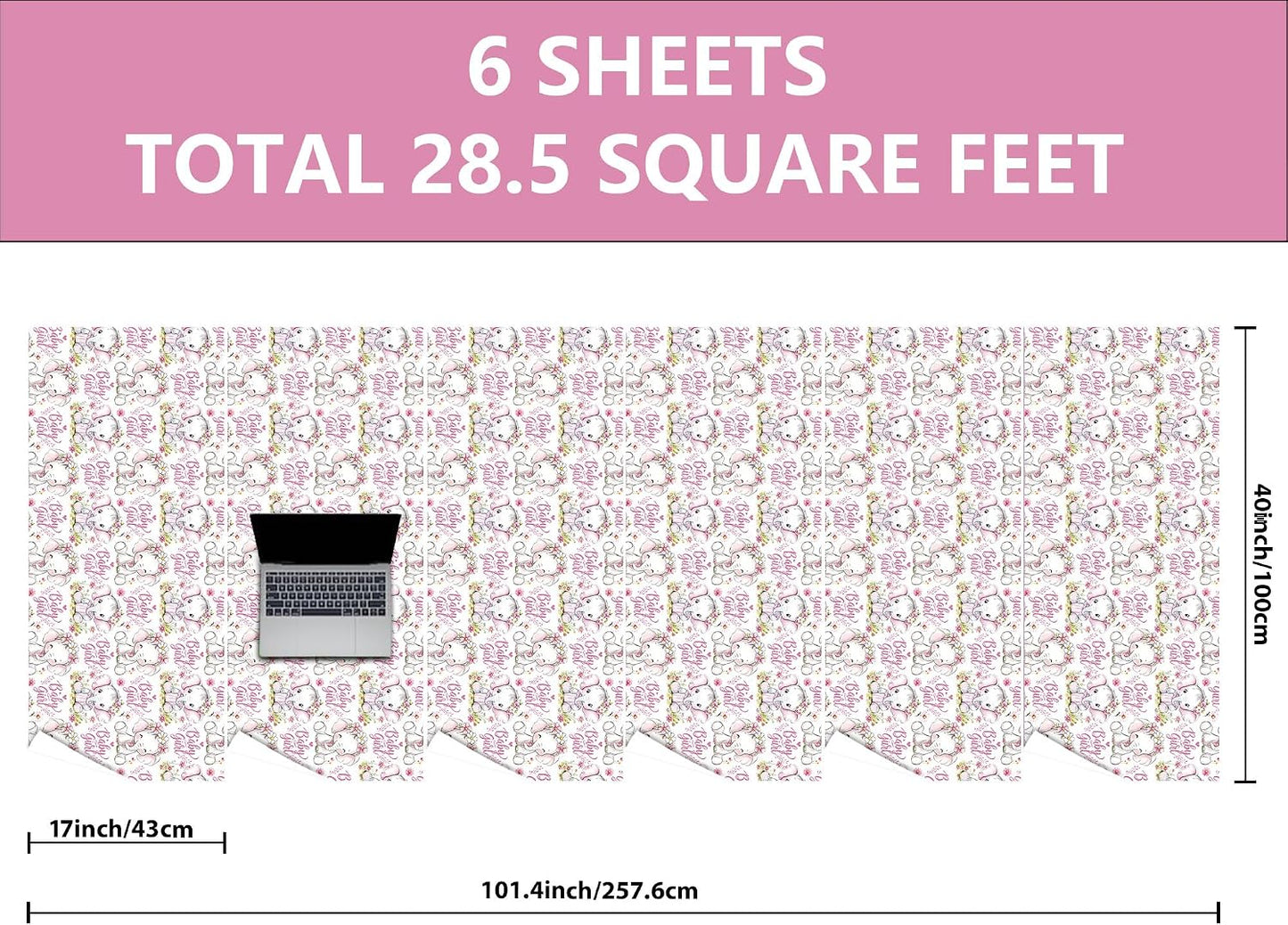 Vnaaem Baby Girl Wrapping Paper Roll - Pink Cute Elephant with Flower Design Gift Wrap for Baby Shower Birthday Party Holiday(Total 28.5 sq.ft)