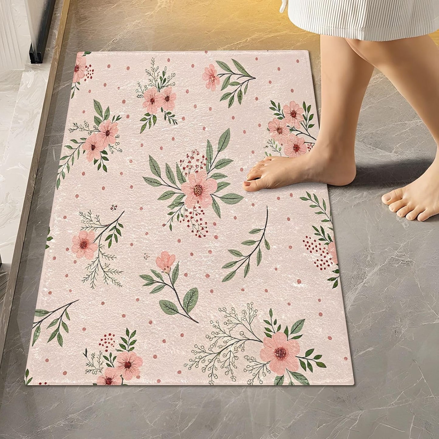 Elegant Flowers Pink Bathroom Mat Rug 24" x 16" Non Slip Super Absorbent Quick Dry Bath Mats for Bathtub Fluffy Rugs