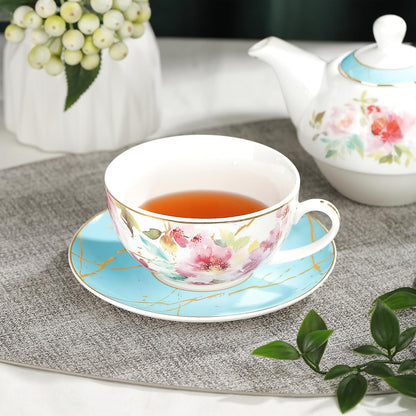 fanquare Pink Floral Teapot, Tea Cup and Saucer Set with Gold Trim, Porcelain Tea for One Tea Set for Gift, Blue
