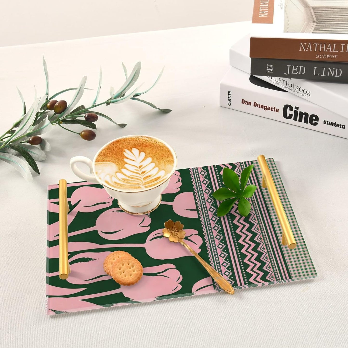 Ethnic Flowers Pastel Peach Decorative Plastic Trays with Handles Trays for Coffee Table for Jewelry Perfume for Bed Serving bandeja para servir con asas