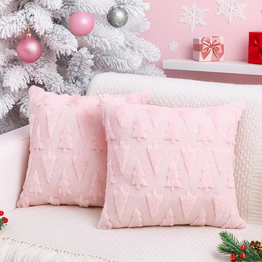 Mixweer 2 Set Christmas Tree Pillow Covers 18x18 Inch Pink Christmas Throw Pillow Cases Decorations Plush Faux Fur Soft Cushion Case for Winter Xmas Holiday Home Bedroom Sofa