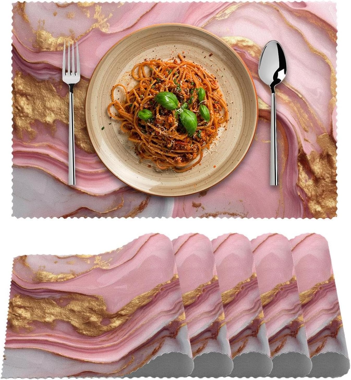 Pink Gold Marble Placemats Set of 4, Non-Slip Polyester Table Mats Heat Resistant Washable Place Mat for Party Kitchen Dining Decor