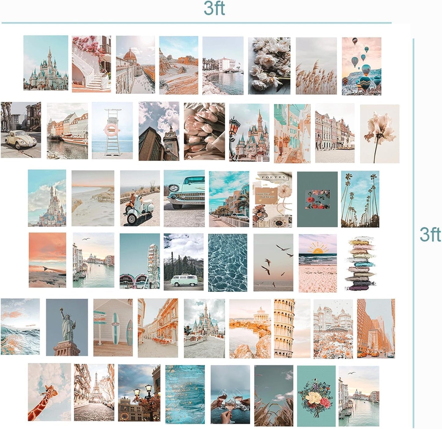 Onivein Peach Teal Wall Collage Kit Aesthetic Pictures, 50Pcs 4 x 6 Inch Blue Aesthetic Picture, Summer Beach Collage Print Kit, Trendy Cute Posters Photo Collage Kit for Dorm Bedroom Decor