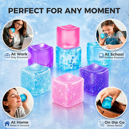 Ice Cube Squishy Fidget Toy, Slow Rise Squeeze Sensory Toy Stress Ball for Office Desk Anxiety Relief, Focus & Calm Novelty Gift for Teens - Pink Glitter