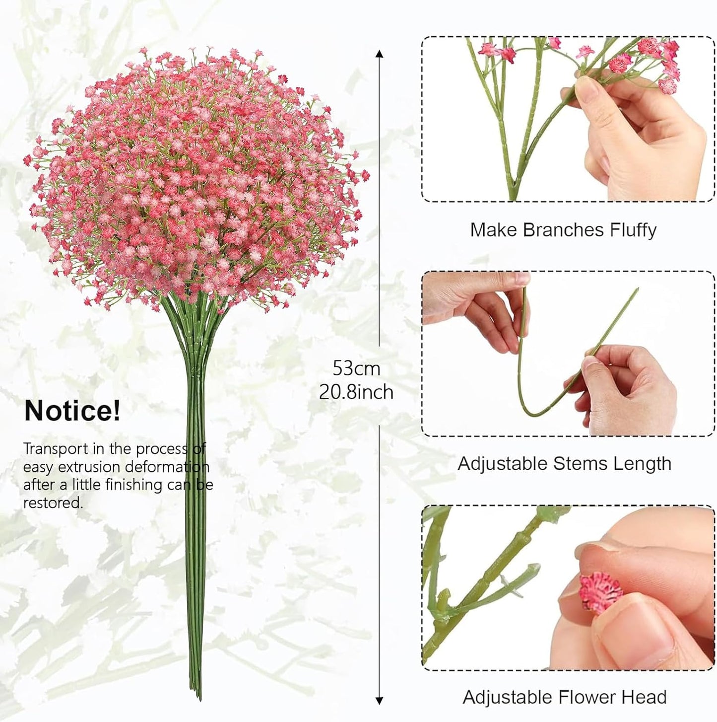 N&T NIETING Babys Breath Artificial Flowers Bulk, 15Pcs Fake Gypsophila Bouquet Flowers Real Touch Faux Babies Breath Arrangement for Wedding Floral Party Home Centerpieces Vase Decoration, Pink