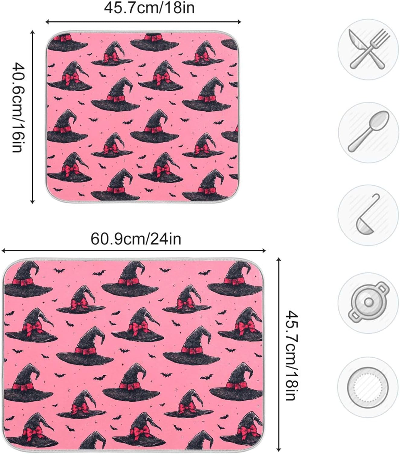 Witch Bow Hot Pink Dish Drying Mat for Kitchen Countertop 16x18 Halloween Bowknot Bat Small Drying Mat Reusable Quick Dry Dish Sink Mats Easy Clean Decorative Essentials