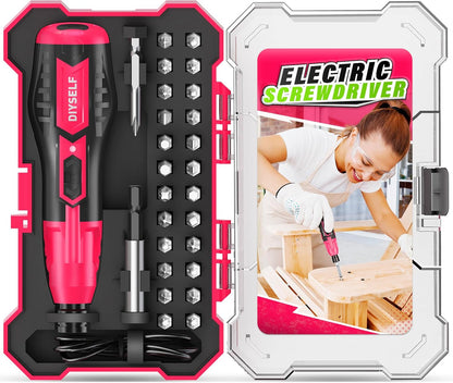 DIYSELF Electric Screwdriver Cordless Rechargeable 3.7V Power Screwdriver with LED, Includes 25 Bits, Magnetic Bit Holder, USB Charging Cable, Carrying, Small Cordless Screwdriver for Men, Women