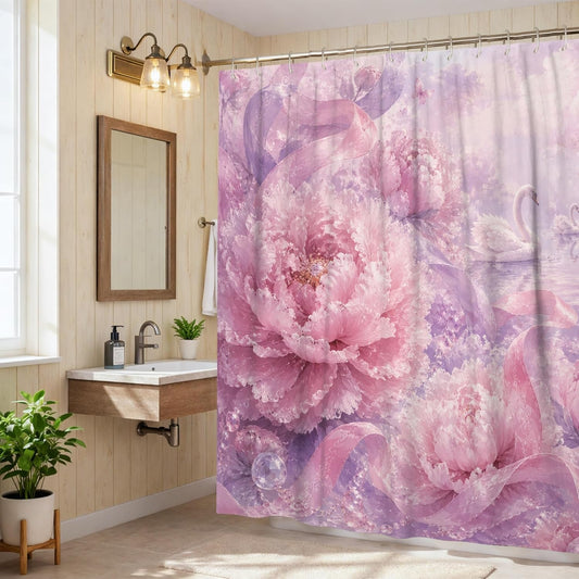 Peony Shower Curtain, Romantic Elegant Ribbon Swan Spring Peach Waterproof Fabric Toile Cloth Shower Curtains for Bathroom Toile Guest Room Decor 72x72 Inch