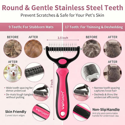 5PCS Dog Brush Grooming Kit with Self Cleaning Slicker Brush, Pink, | Deshedding Brush Kit for Dogs & Cats, Ideal for Short Long Hair, Daily Detangling & Home Bath Massage (5-in-1 Set)