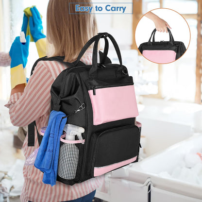 LoDrid Heavy Duty Cleaning Supplies Bag with Steel Frame Top, Large Cleaning Caddy with Adjustable Shoulder Straps and Multiple Pockets for Housekeeping Work, Pink, Bag Only, Patent Designed