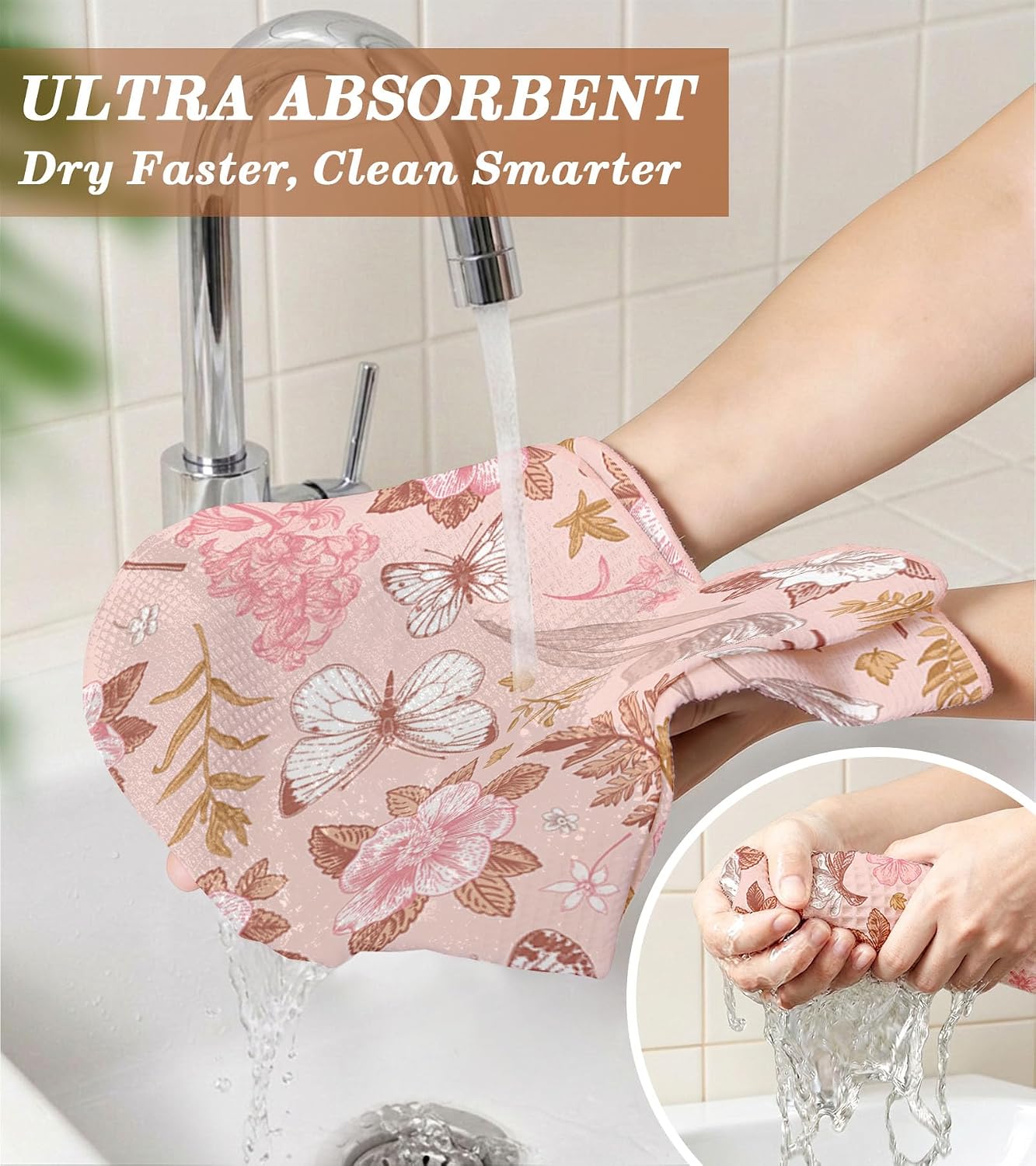 Waffle Kitchen Towels - 2pcs Waffle Weave Dish Cloths Set with Hanging Loop Microfiber Drying Hand Tea Towels Decorative Absorbent Cute Design 16x26 Inch for Housewarming Gift, Pink Flower
