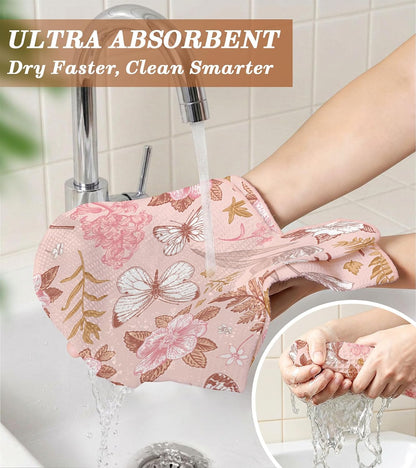 Waffle Kitchen Towels - 2pcs Waffle Weave Dish Cloths Set with Hanging Loop Microfiber Drying Hand Tea Towels Decorative Absorbent Cute Design 16x26 Inch for Housewarming Gift, Pink Flower