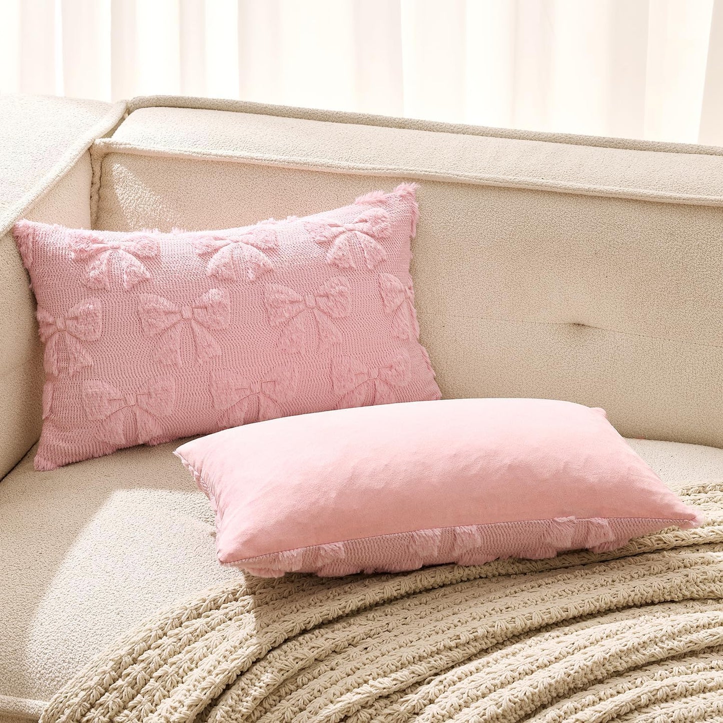 MIULEE Pink Bow Pillow Covers Coquette Room Decor Aesthetic Set of 2 Spring Decorative Cute Girl Soft Plush Faux Pillowcase for Preppy Room Decor Bedroom Couch,12x20 Inch