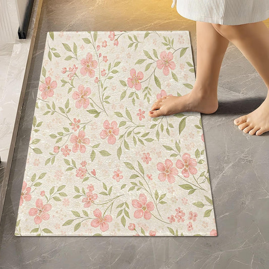Watercolor Flowers Pink Bathroom Mat Rug 24" x 16" Non Slip Super Absorbent Quick Dry Bath Mats for Bathtub Fluffy Rugs