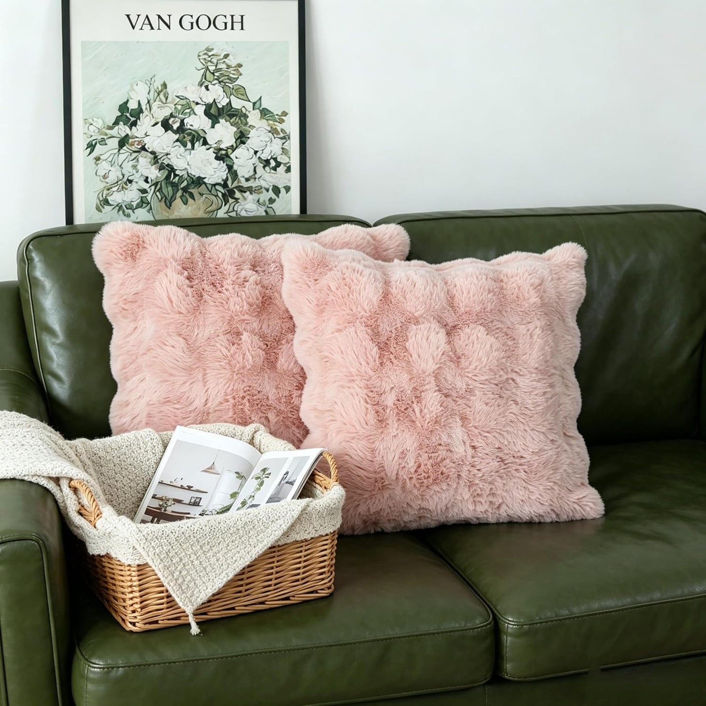NIULAA Soft Fluffy Faux Fur Throw Pillow Covers 18x18 Blush Pink Set of 2 Luxury Thick Plush Cute Decorative Pillowcases for Sofa Couch Living Room