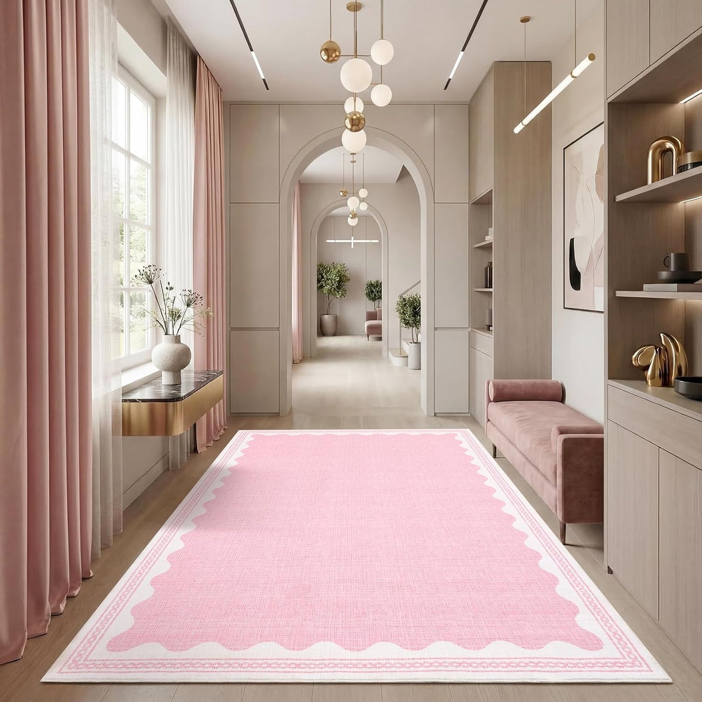 GarveeHome Washable Rugs 5x7 Area Rug for Living Room, Scalloped 5 x 7 Rug Solid Pink Modern Minimalism Low-Pile Carpet for Bedroom Dining Nursery Non Slip Mat with Rubber Back