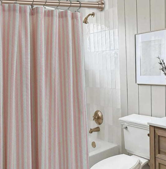 Vintage Pink Striped Fabric Shower Curtain for Bathroom, Rustic Farmhouse Cotton Blend Cloth Shower Curtain, Boho French Country Cottagecore Style, Non-Waterproof Decorative Curtain, 72x72 Inches
