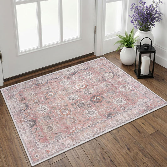 Lansny Vintage Small Area Rug 2x3, Washable Entryway Rug Print Faux Wool Floral Indoor Door Mat, Non Slip Kitchen Rugs, Soft Thin Throw Rugs Floor Carpet for Front Door Entry Bedroom Sink, Blush Pink