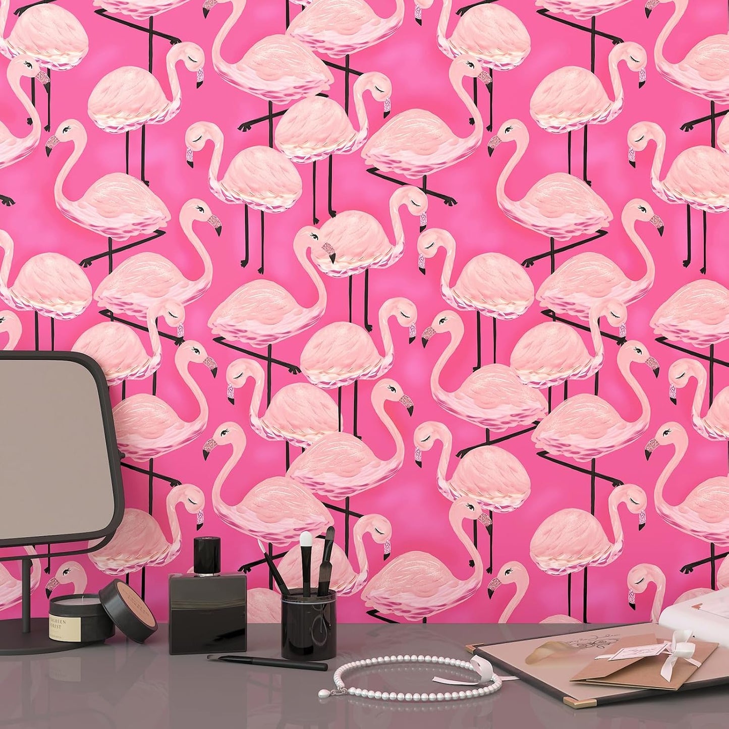 Pink Flamingo Wallpaper Peel and Stick Animal Wallpaper Pink 17.5"X120" Self Adhesive Wall Paper Peel and Stick Modern Watercolor Flamingo Contact Paper for Cabinets and Drawers Living Room