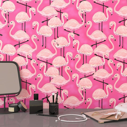 Pink Flamingo Wallpaper Peel and Stick Animal Wallpaper Pink 17.5"X120" Self Adhesive Wall Paper Peel and Stick Modern Watercolor Flamingo Contact Paper for Cabinets and Drawers Living Room