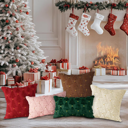 Lanpn Christmas 18x18 Throw Pillow Covers Set of 2, Winter Star Christmas Tree Throw Pillow Cases Soft Plush Faux Fur Wool 18 x 18 Winter Cushion Cover for Indoor Home Bedroom Couch Sofa Decor (Pink)