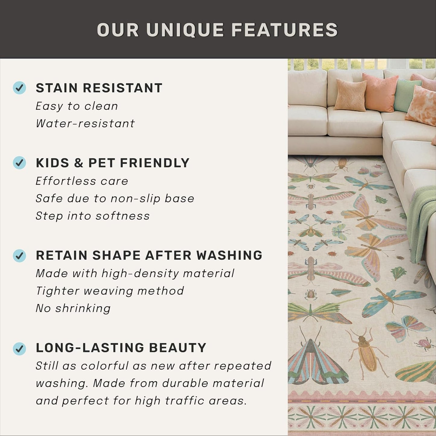 Hazo Haus Washable 5x8 Light Pink Rug for Bedroom - Pink Boho Girl Nursery Rug, Living Room, Nature Insect Bug Print Home Decor
